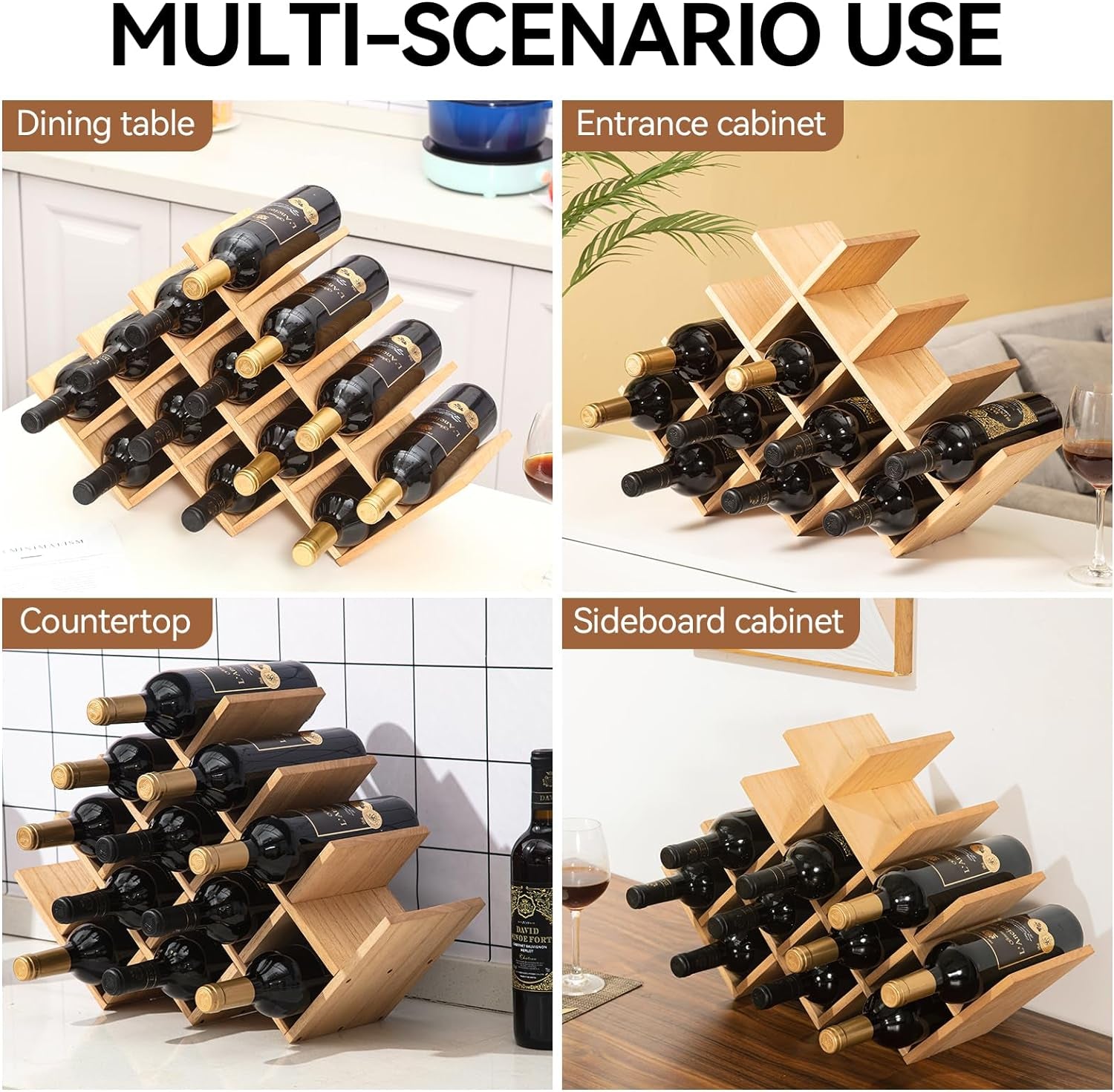 Wooden 13-Bottle Wine Rack - Nature Wood 4-Tier Wine Display Rack/Free Standing and Countertop Wine Storage Shelf - Bottle Holder/Cabinet Glass Rack XHJJ4-NA