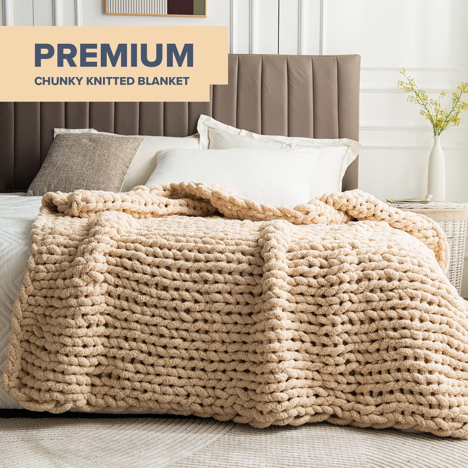 Chunky Knit Blanket Throw - 50"X60" 3.7 Lbs. - Soft Chenille Yarn Knitted Blanket - Machine Washable Crochet Blanket - Handmade Cable Knit Throw Blanket for Couch, Bed (Oat White)