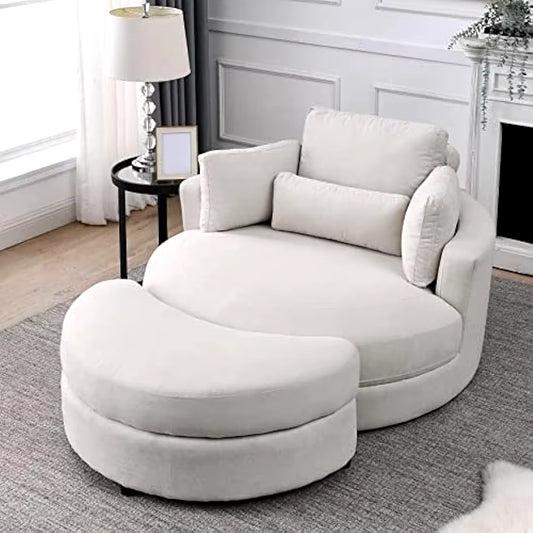 Swivel Barrel Chair with Half Moon Storage Ottoman, Modern Accent Armchair for Living Room with 4 Pillows, Linen Fabric Comfy